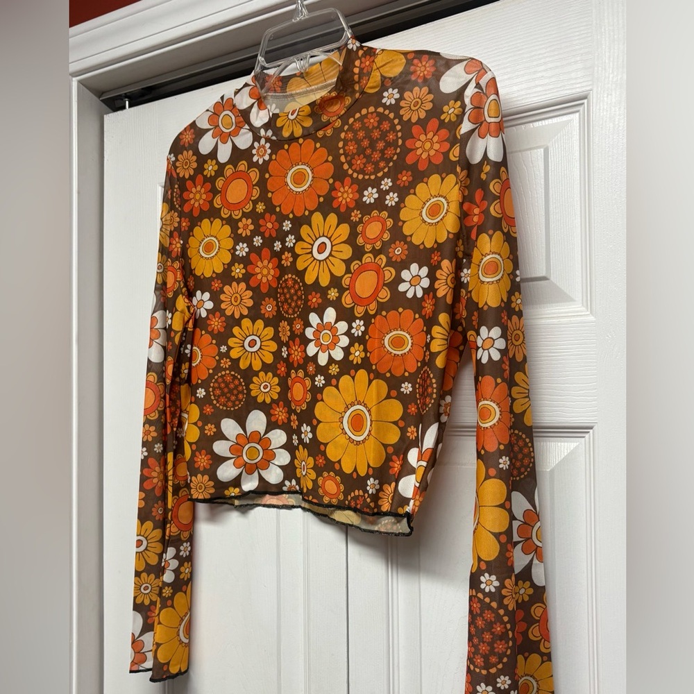 New women’s floral 70s top hippie sheer mesh shirt disco boho crop top size L - Picture 3 of 4